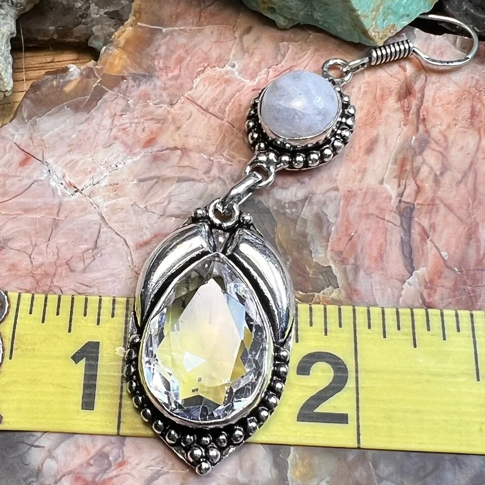 White topaz & rainbow moonstone earrings (Z-6) - Picture 4 of 5